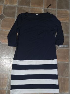 Aa Studio Navy and White Long Sleeve Stripe Shift Dress